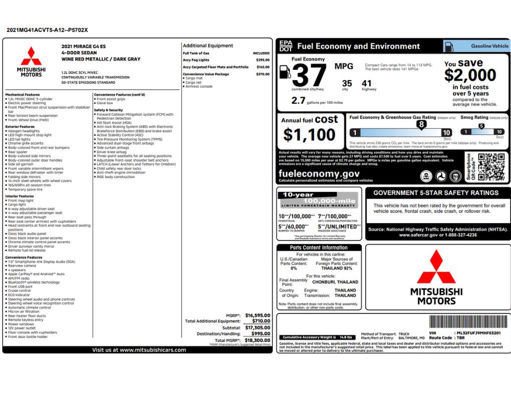 Used 2021 Mitsubishi Mirage G4 ES FWD image 2