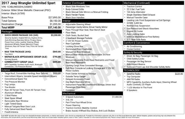 Used 2017 Jeep Wrangler Unlimited Sport w/ Quick Order Package 24S AWD/4WD image 6