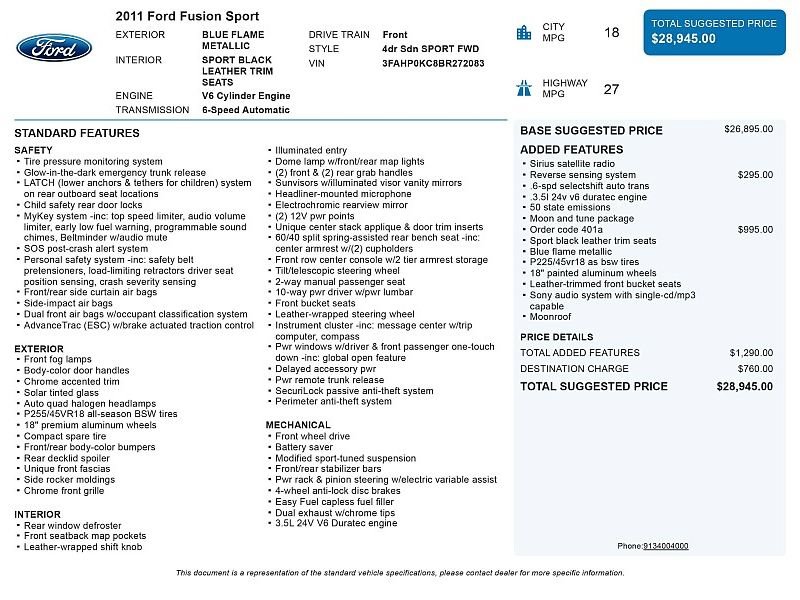 Used 2011 Ford Fusion Sport w/ 401A Rapid Spec Order Code FWD image 2