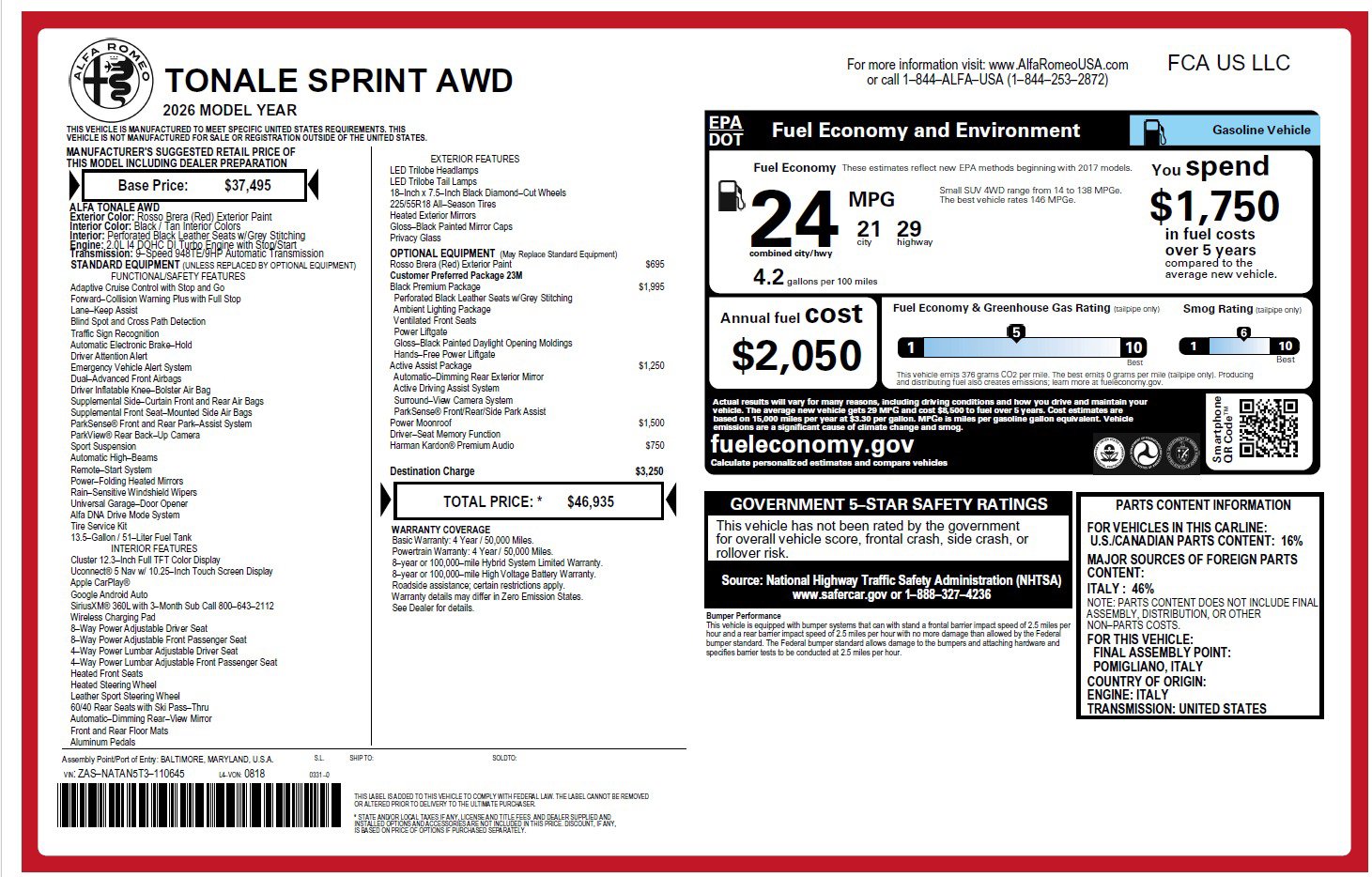 New 2026 Alfa Romeo Tonale Sprint w/ Black Premium Package AWD/4WD image 23