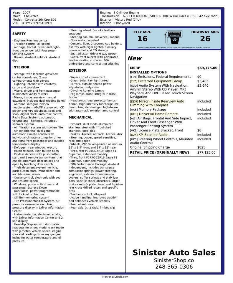 Used 2007 Chevrolet Corvette Z06 w/ Preferred Equipment Group RWD image 2