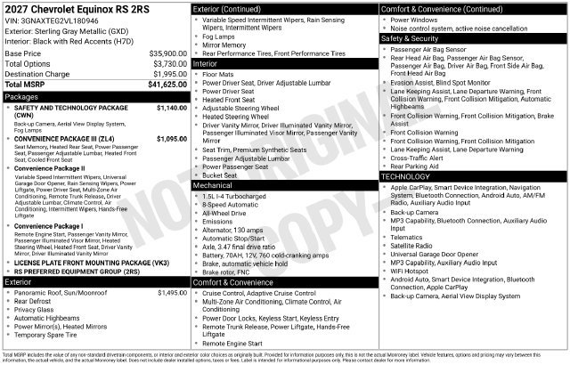 New 2027 Chevrolet Equinox RS w/ Safety and Technology Package