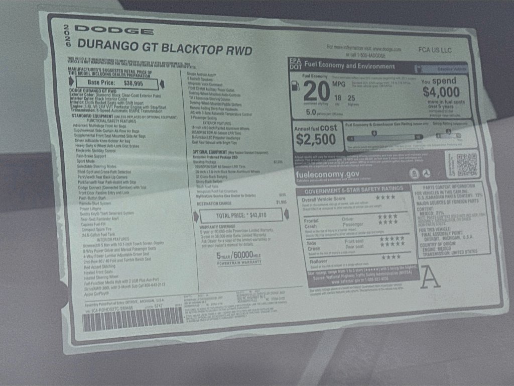 New 2026 Dodge Durango GT w/ Blacktop Package RWD image 20
