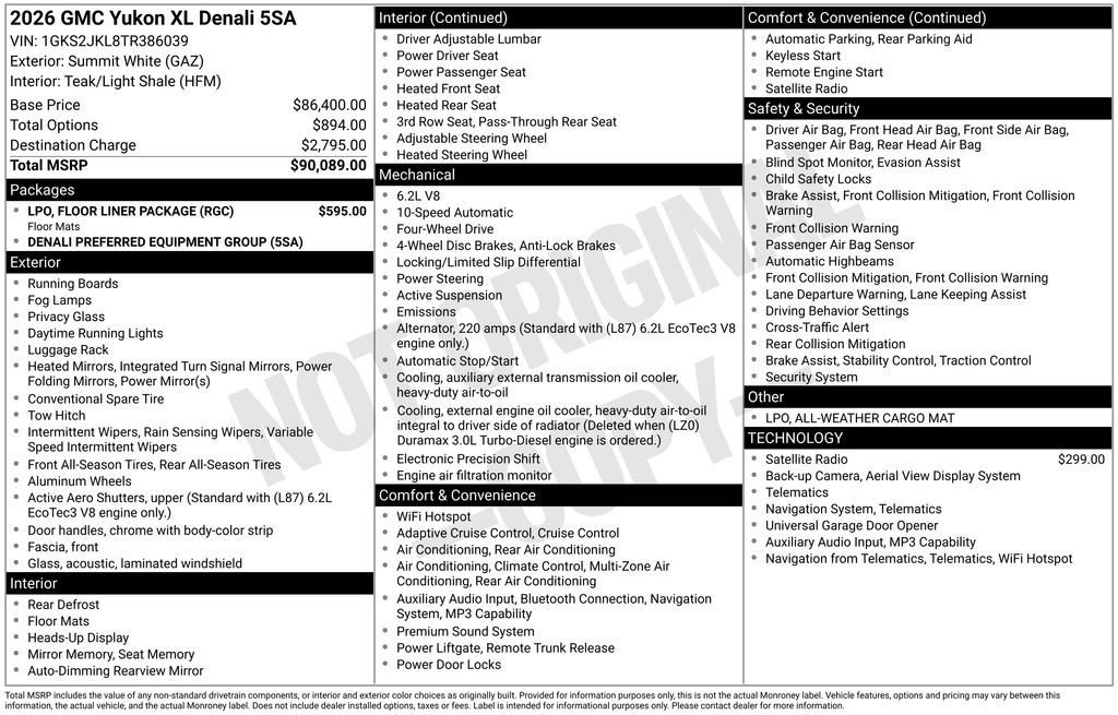 New 2026 GMC Yukon XL Denali w/ LPO, Floor Liner Package AWD/4WD image 4