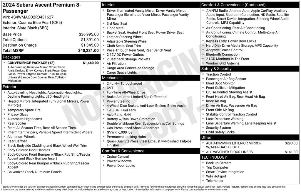 Used 2024 Subaru Ascent Premium w/ Convenience Package AWD/4WD image 7
