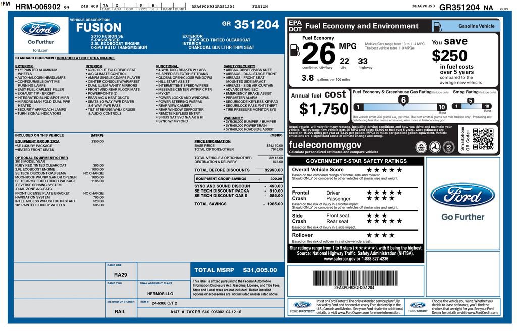 Used 2016 Ford Fusion SE w/ Equipment Group 202A