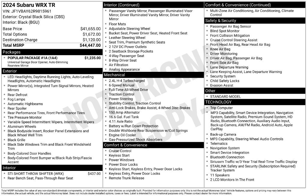 Used 2024 Subaru WRX TR w/ Popular Package #1A AWD/4WD image 12