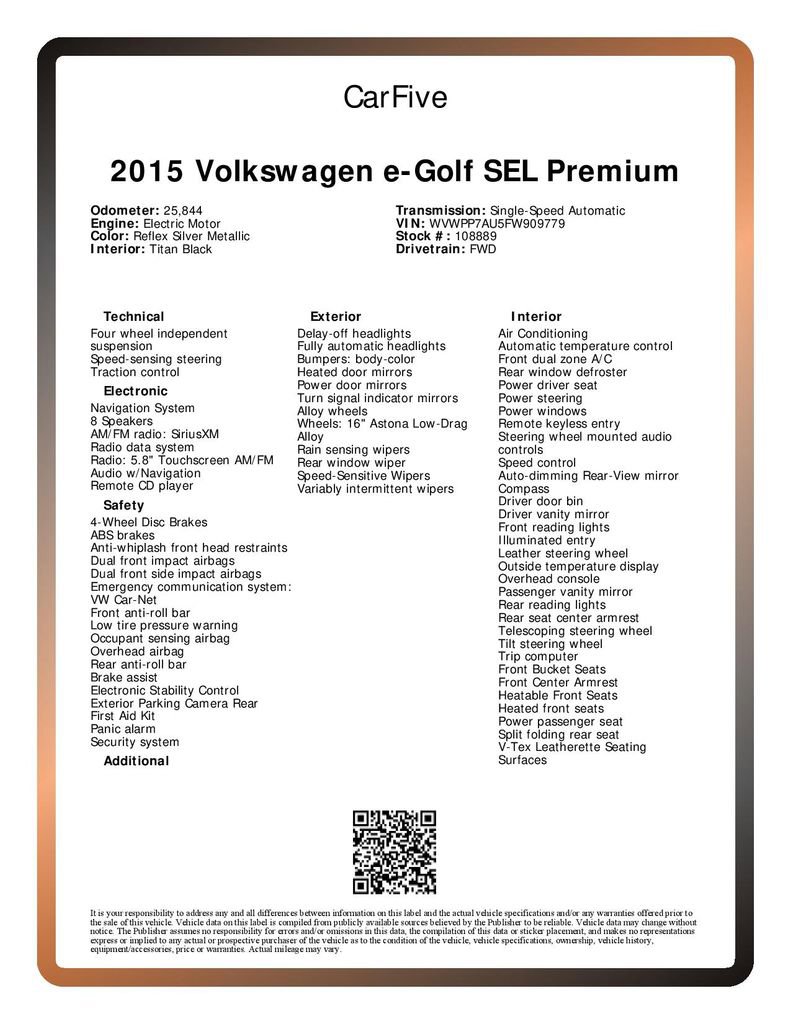 Used 2015 Volkswagen e-Golf SEL Premium image 33