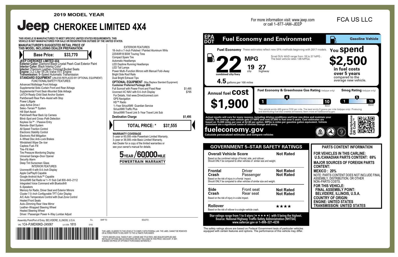 Certified 2019 Jeep Cherokee Limited AWD/4WD image 2