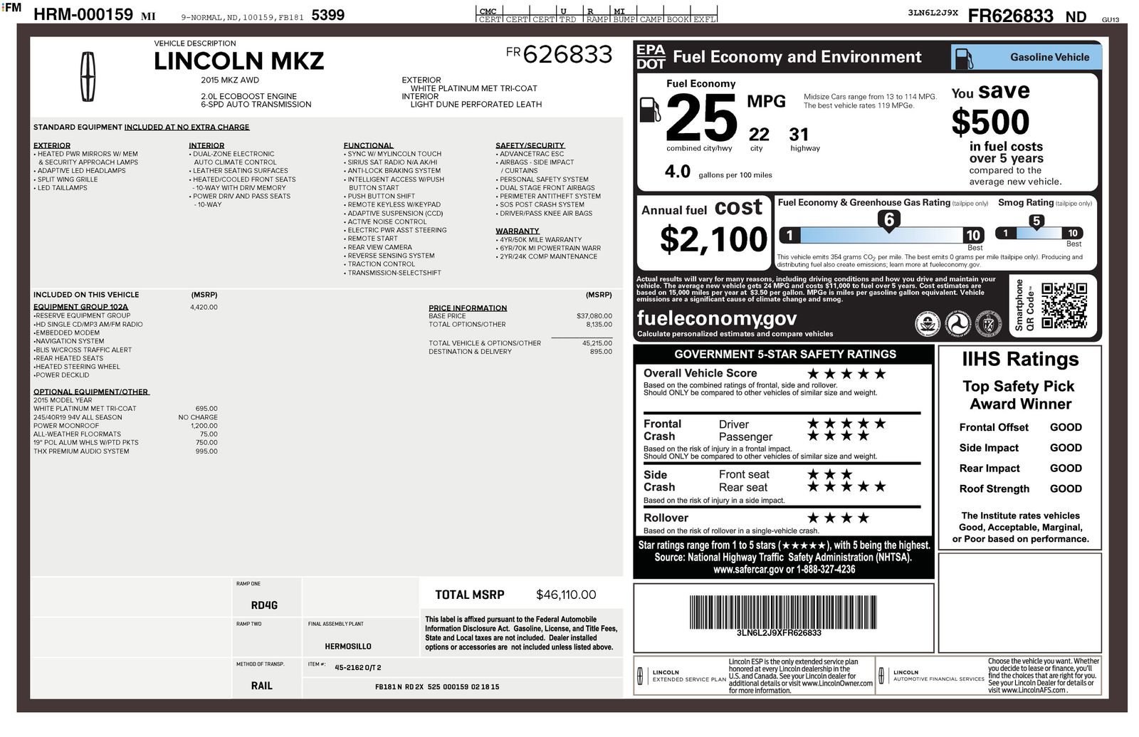 Used 2015 Lincoln MKZ AWD w/ Equipment Group 102A Reserve image 6