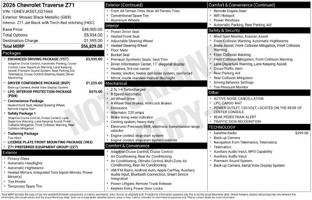 New 2026 Chevrolet Traverse Z71 w/ Enhanced Driving Package AWD/4WD image 50