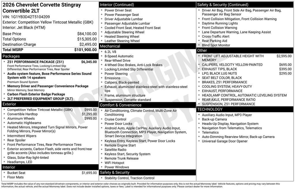 New 2026 Chevrolet Corvette Stingray Preferred Conv w/ Z51 Performance Package RWD image 5