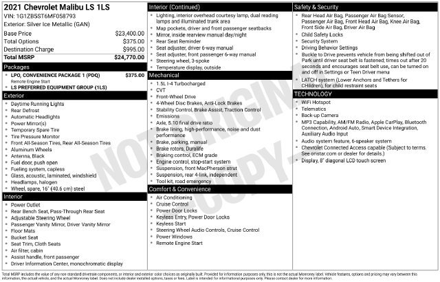 Used 2021 Chevrolet Malibu LS w/ LPO, Convenience Package 1 FWD image 31