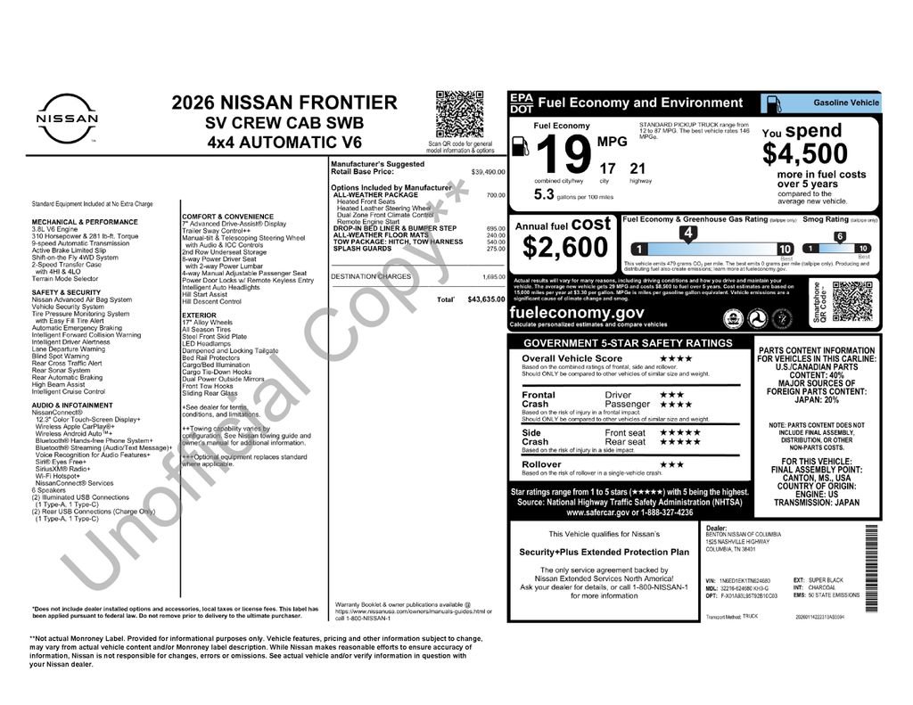 New 2026 Nissan Frontier SV w/ All-Weather Content Package AWD/4WD image 5