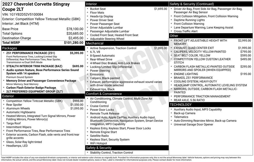 New 2027 Chevrolet Corvette Stingray Coupe w/ Z51 Performance Package RWD image 5