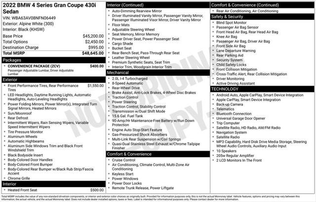 Used 2022 BMW 430i Gran Coupe w/ M Sport Package RWD image 2