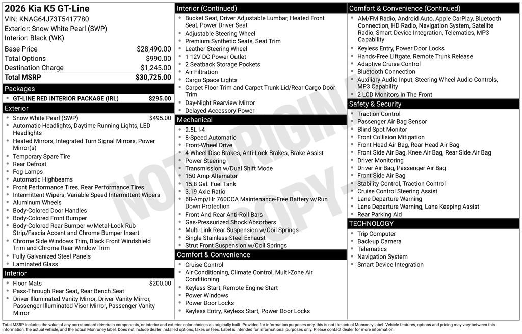 New 2026 Kia K5 GT-Line w/ GT-Line Red Interior Package FWD image 6