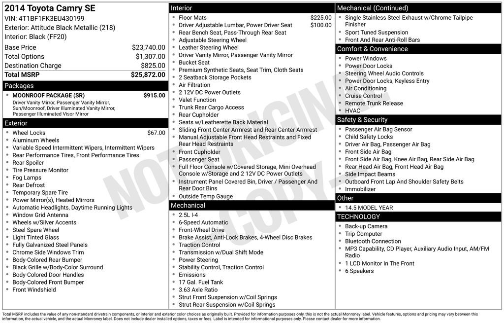 Used 2014 Toyota Camry SE w/ Moonroof Package FWD image 5