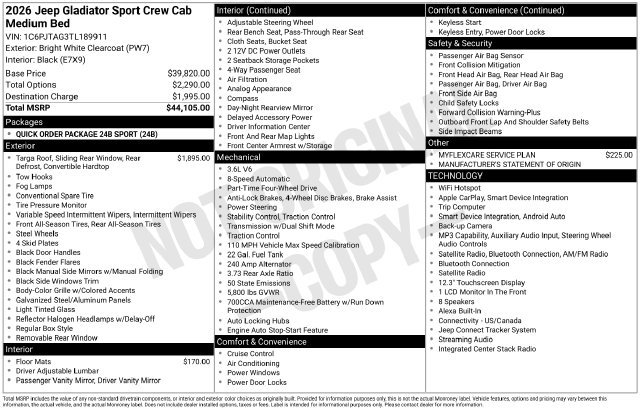 New 2026 Jeep Gladiator Sport AWD/4WD image 30