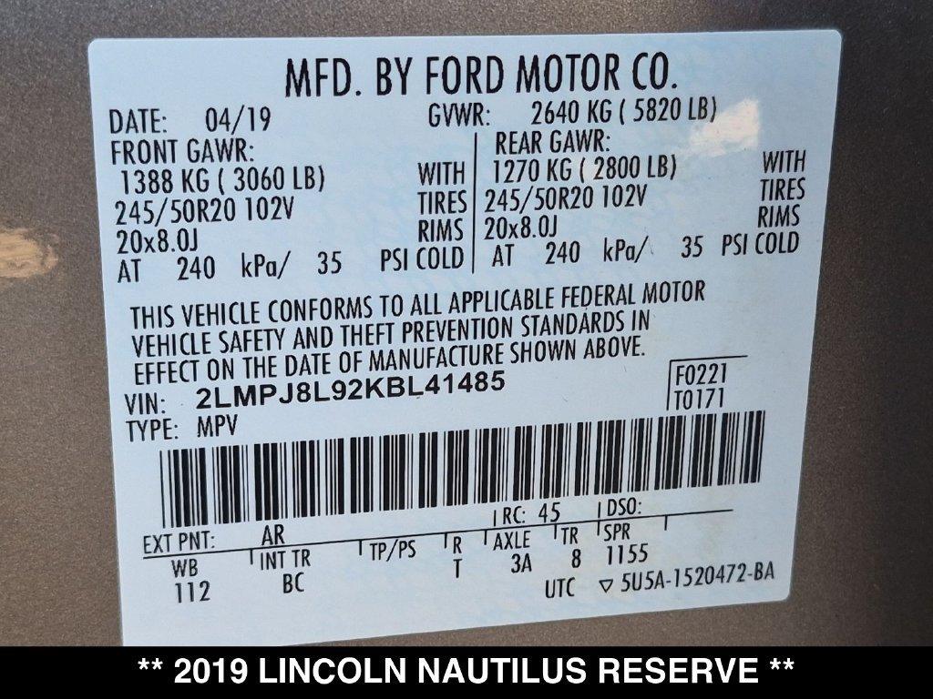 Used 2019 Lincoln Nautilus Reserve w/ Driver Assistance Package AWD/4WD image 35
