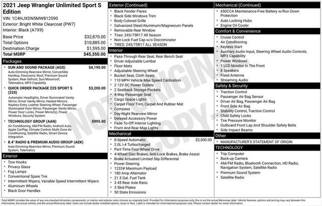Certified 2021 Jeep Wrangler Unlimited Sport w/ Sun And Sound Package AWD/4WD image 3