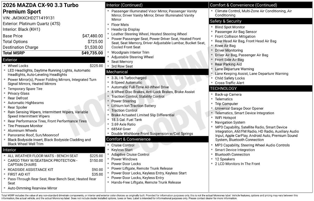 New 2026 MAZDA CX-90 3.3 Turbo w/ Premium Sport Pkg AWD/4WD image 27