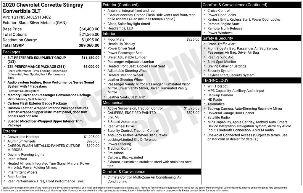 Used 2020 Chevrolet Corvette Stingray Premium Conv w/ 3LT Preferred Equipment Group RWD image 6