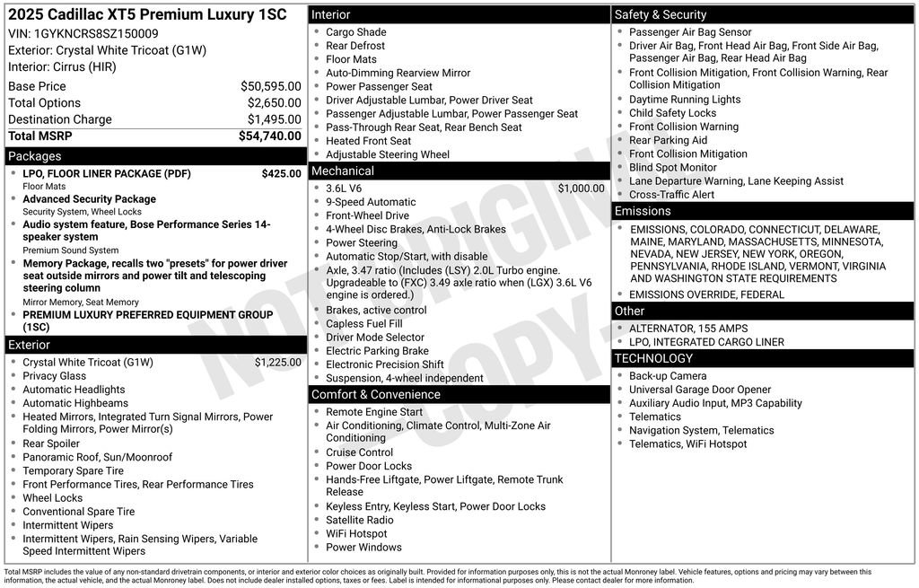 New 2025 Cadillac XT5 Premium Luxury w/ LPO, Floor Liner Package image 4