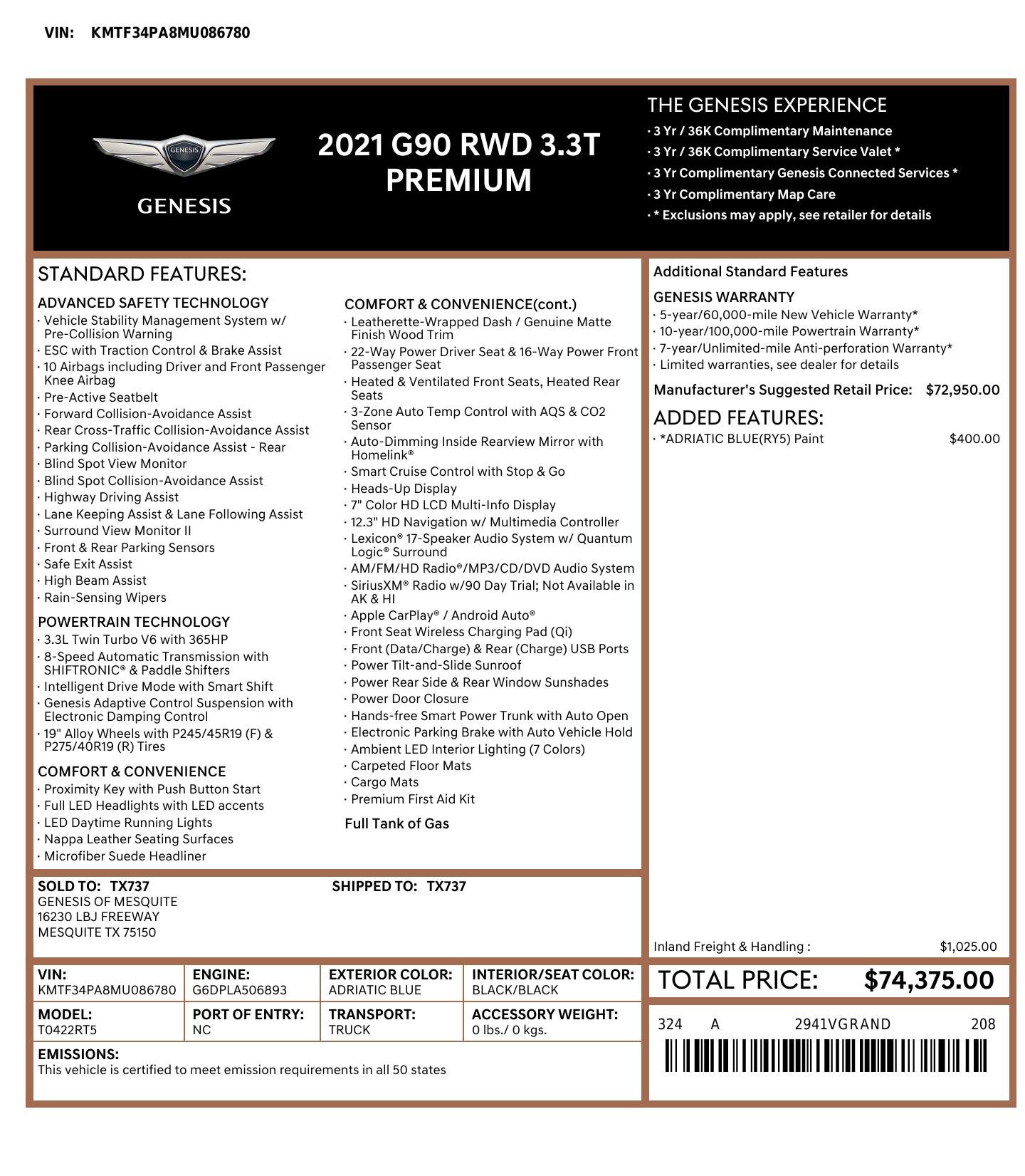 Used 2021 Genesis G90 3.3T Premium RWD image 3