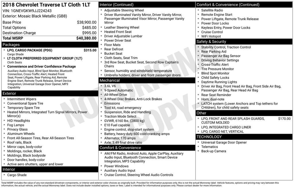 Used 2018 Chevrolet Traverse LT w/ LPO, Cargo Package AWD/4WD image 30