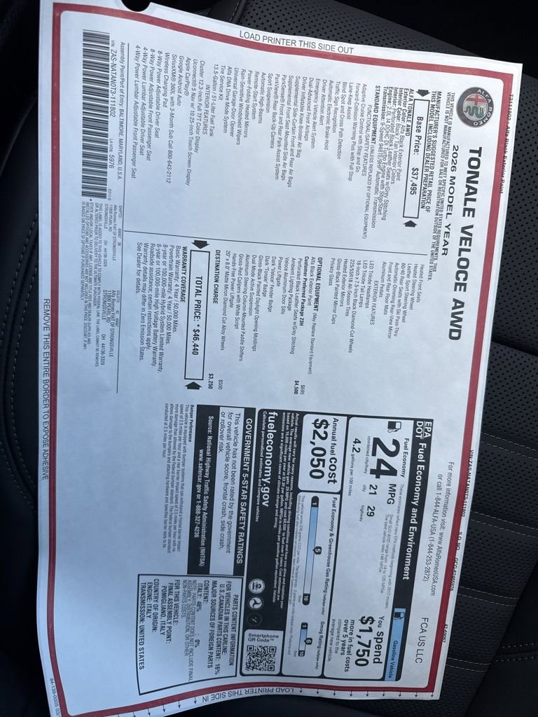 New 2026 Alfa Romeo Tonale Veloce w/ Quick Order Package 23H Volce image 24