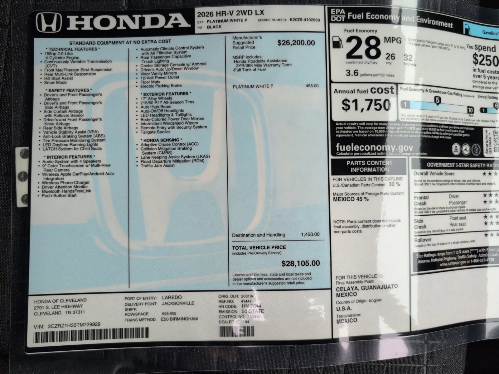 New 2026 Honda HR-V LX image 16
