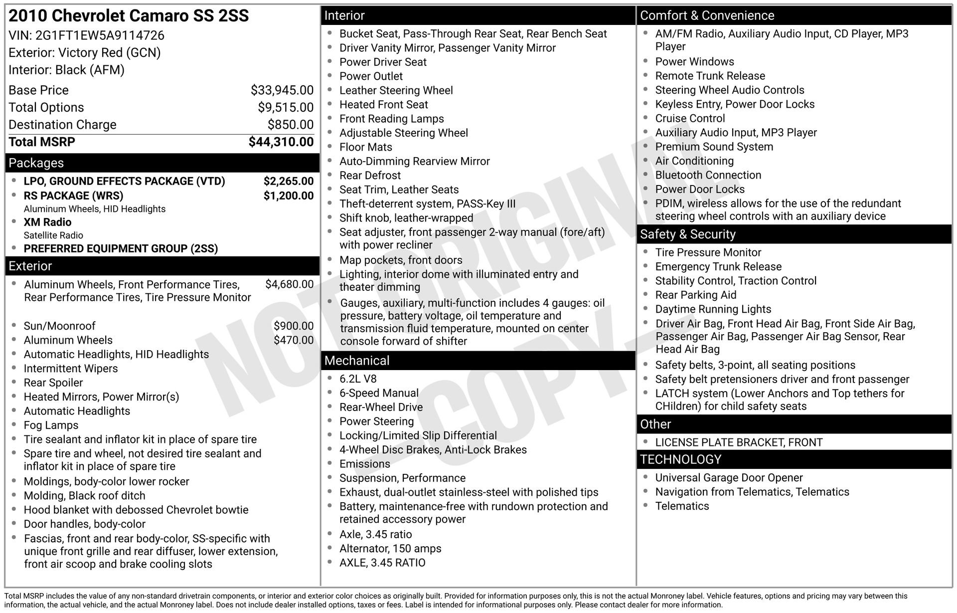 Used 2010 Chevrolet Camaro SS w/ LPO, Ground Effects Package image 5