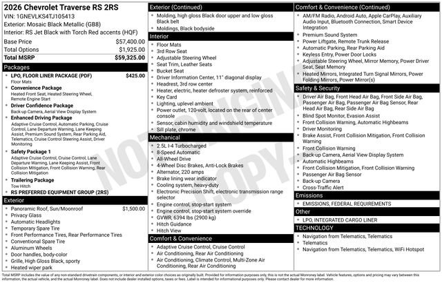 New 2026 Chevrolet Traverse RS w/ LPO, Floor Liner Package image 5