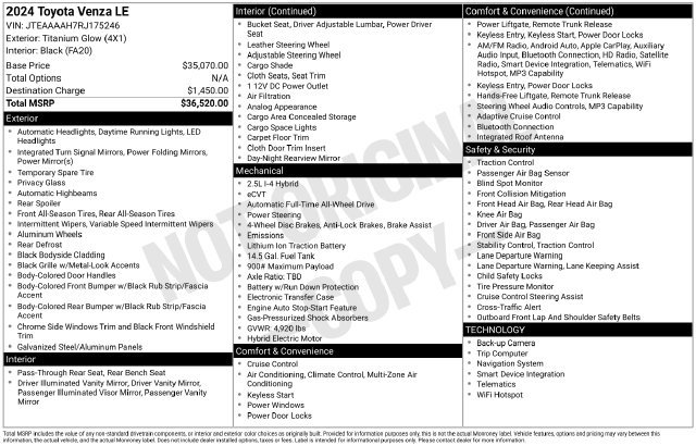 Certified 2024 Toyota Venza LE AWD/4WD image 23