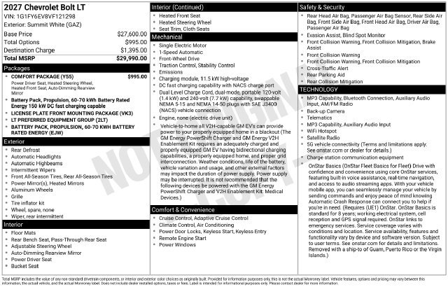 New 2027 Chevrolet Bolt LT w/ Comfort Package FWD image 3