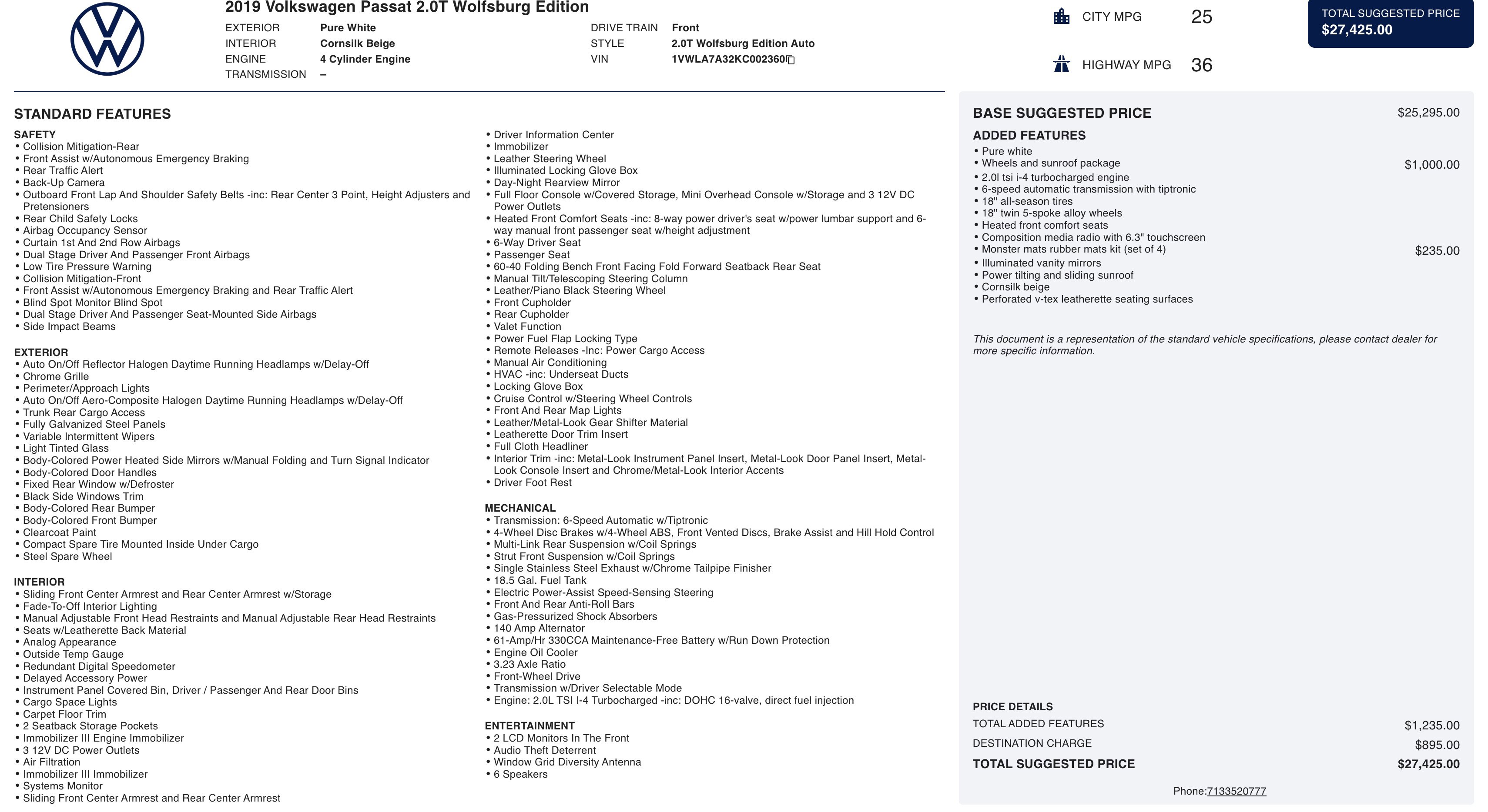 Used 2019 Volkswagen Passat 2.0T Wolfsburg w/ Wheels & Sunroof Package image 2