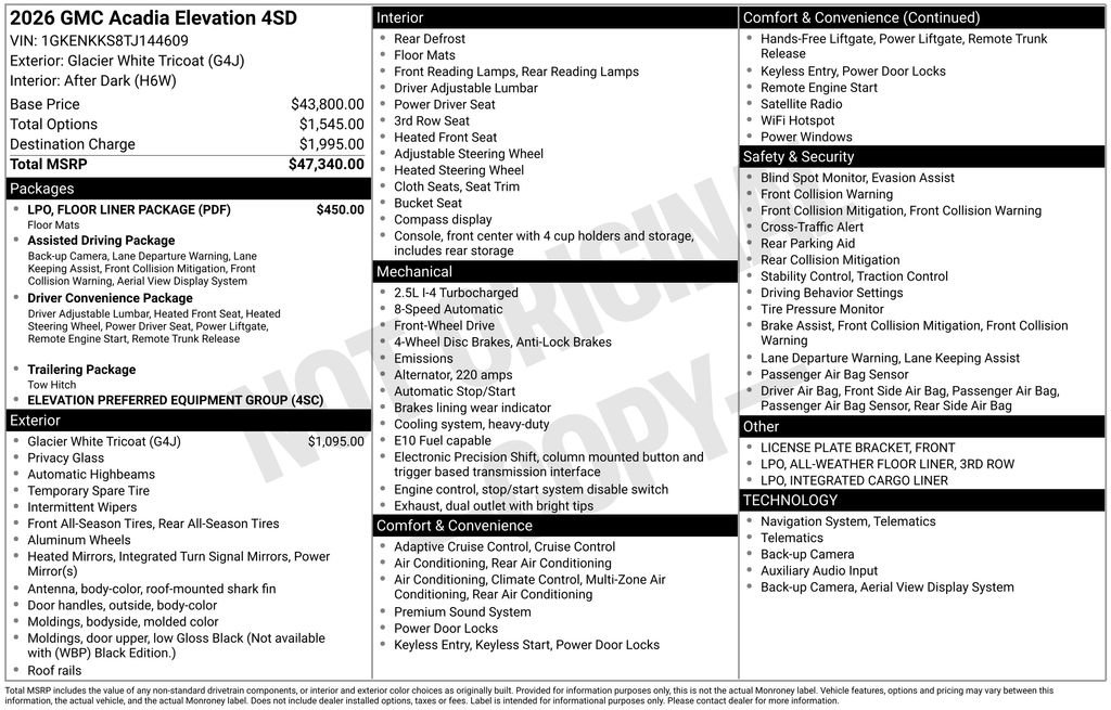 New 2026 GMC Acadia Elevation w/ LPO, Floor Liner Package FWD image 20