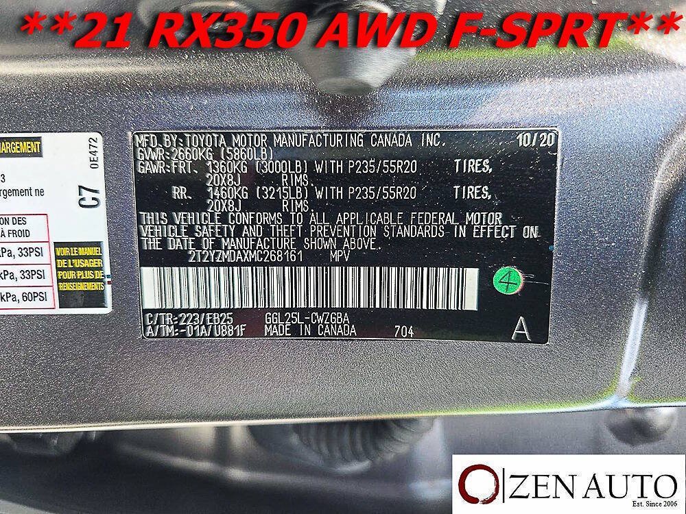 Used 2021 Lexus RX 350 F Sport w/ Cold Area Package (CT) AWD/4WD image 28