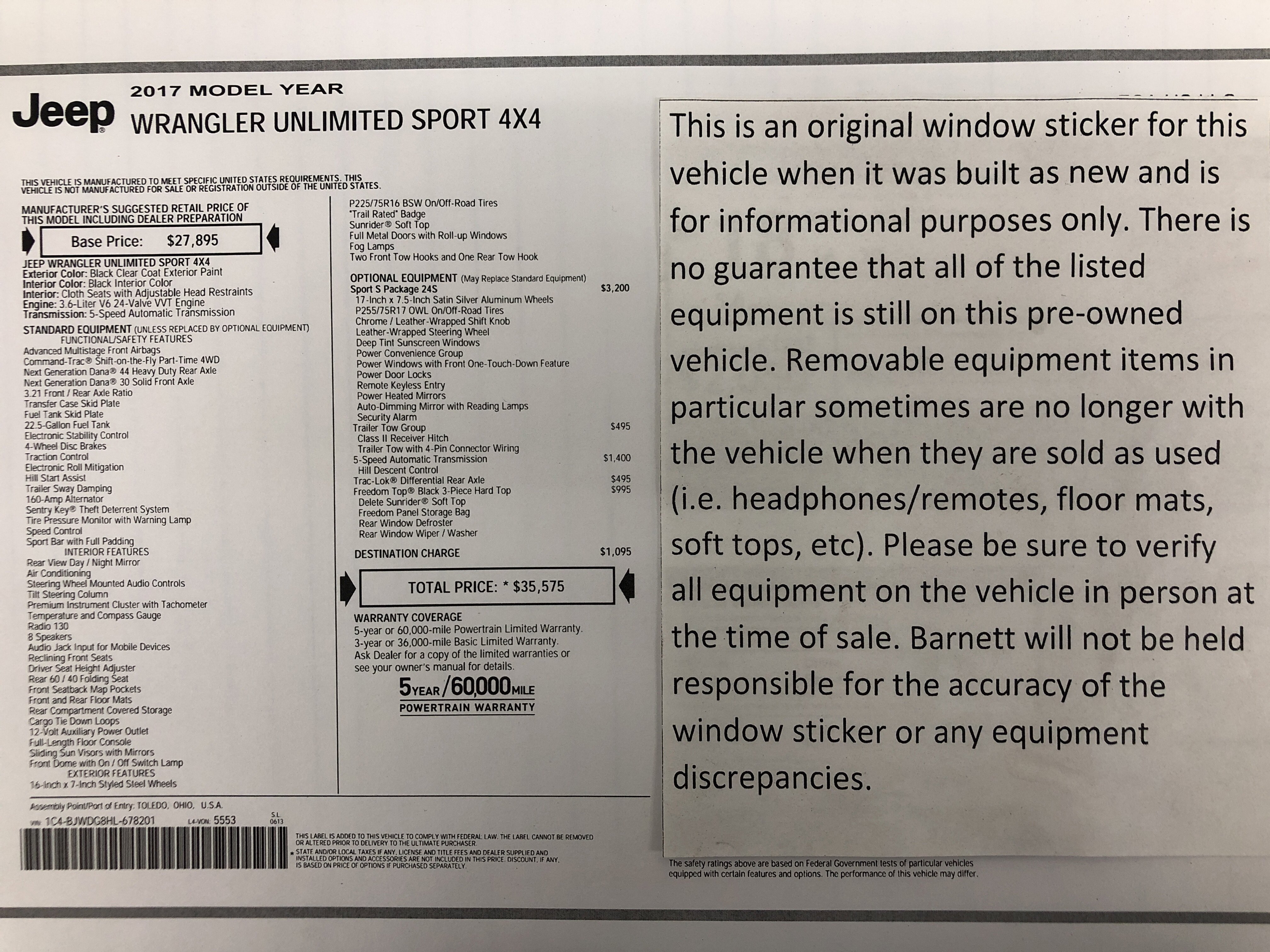 Used 2017 Jeep Wrangler Unlimited Sport w/ Quick Order Package 24S image 2