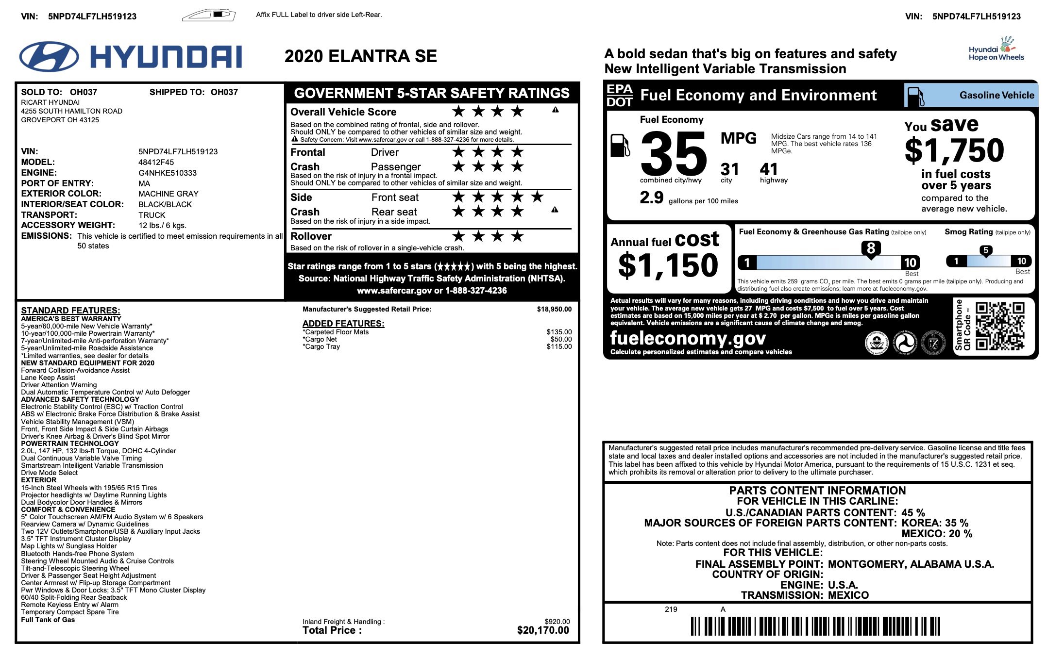 Used 2020 Hyundai Elantra SE w/ Cargo Package (C1) image 3