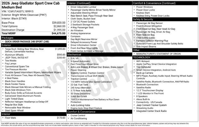 New 2026 Jeep Gladiator Sport AWD/4WD image 30
