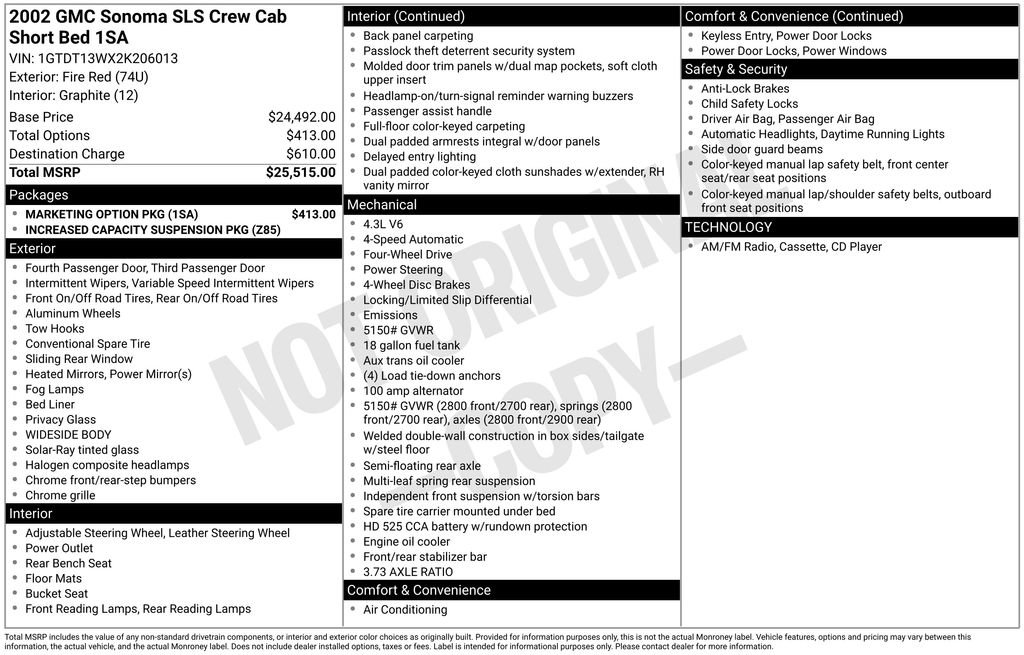 Used 2002 GMC Sonoma SLS w/ Marketing Option Pkg AWD/4WD image 7
