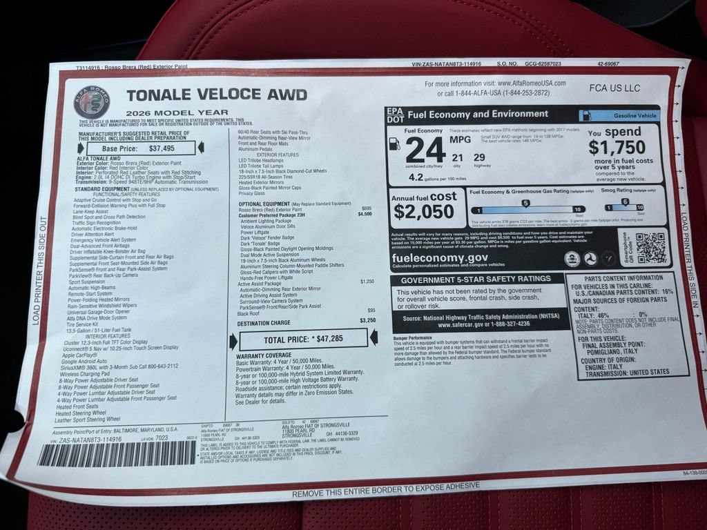 New 2026 Alfa Romeo Tonale w/ Quick Order Package 23H Volce AWD/4WD image 69