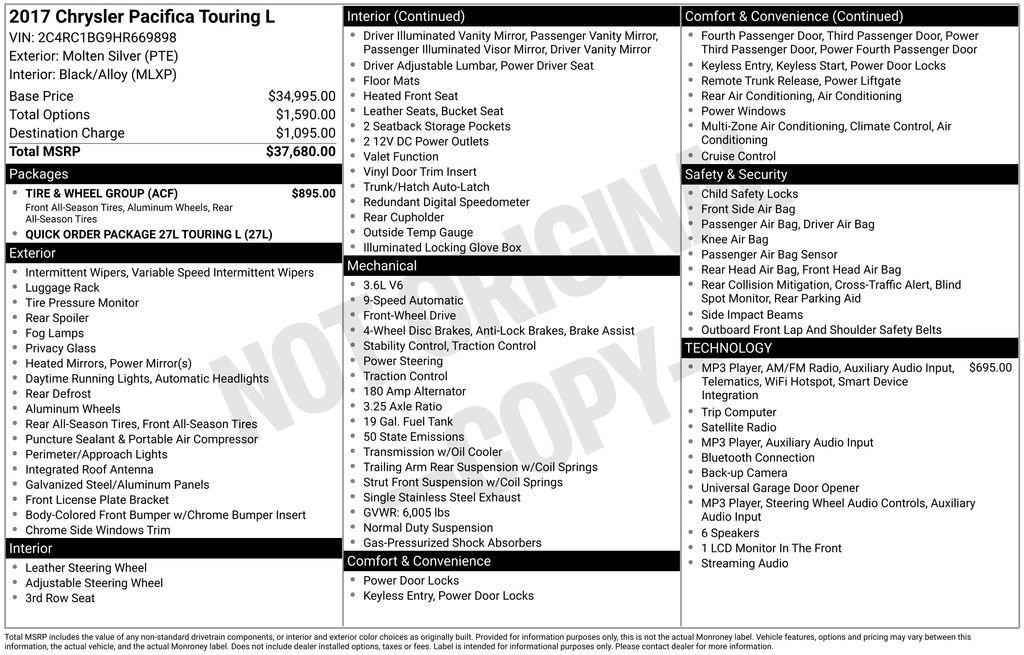Used 2017 Chrysler Pacifica Touring-L w/ Tire & Wheel Group FWD image 6