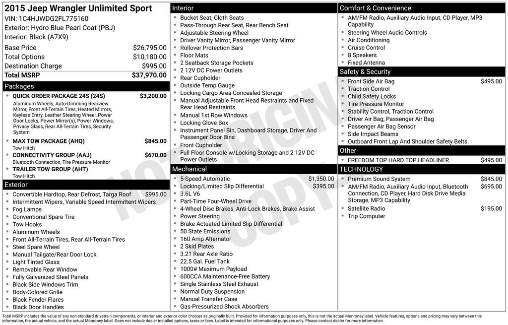 Used 2015 Jeep Wrangler Unlimited Sport w/ Quick Order Package 24S AWD/4WD image 2