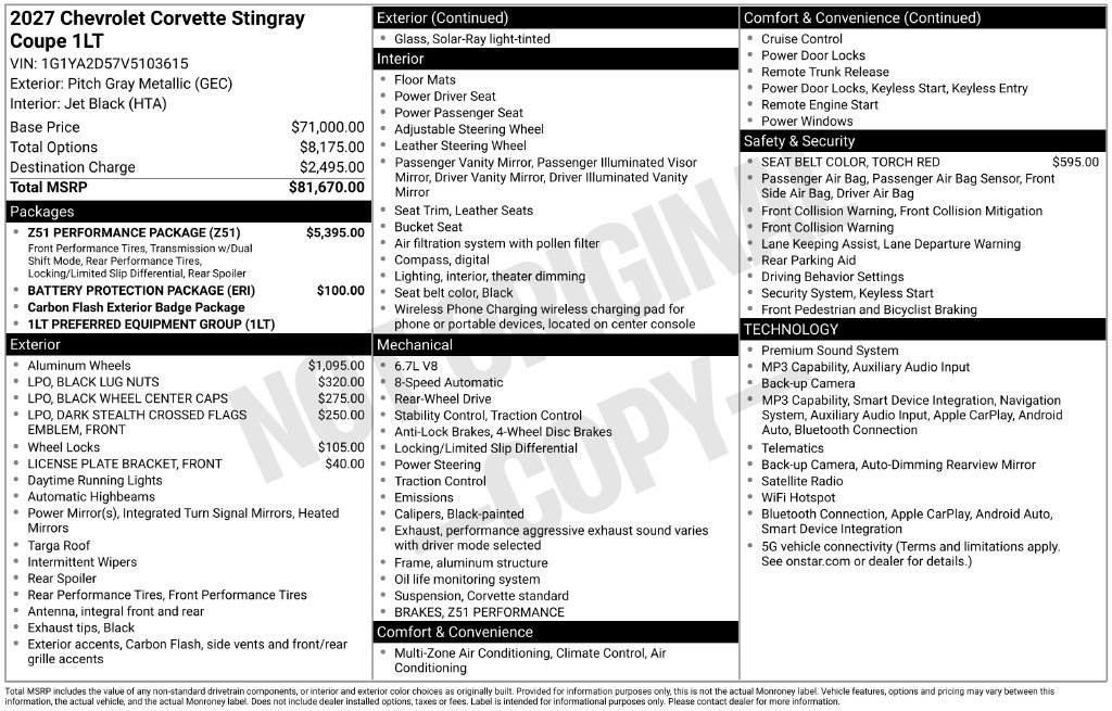 New 2027 Chevrolet Corvette Stingray Coupe w/ Z51 Performance Package RWD image 6