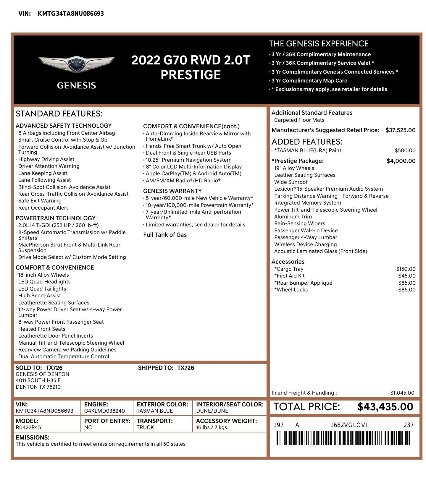 Used 2022 Genesis G70 2.0T w/ Prestige Package RWD image 3