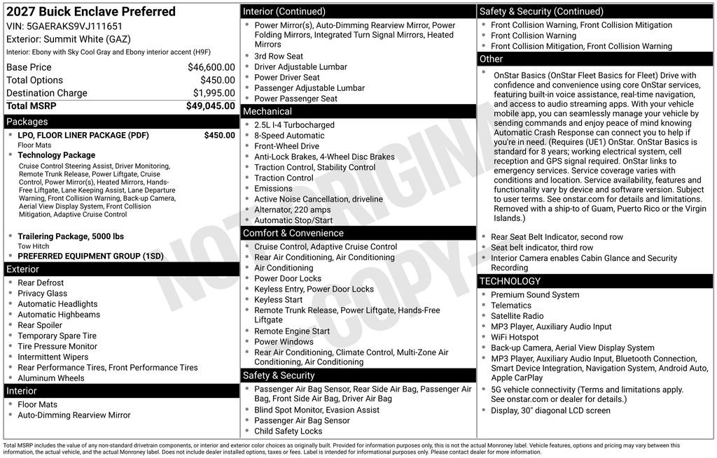 New 2027 Buick Enclave Preferred w/ LPO, Floor Liner Package FWD image 27
