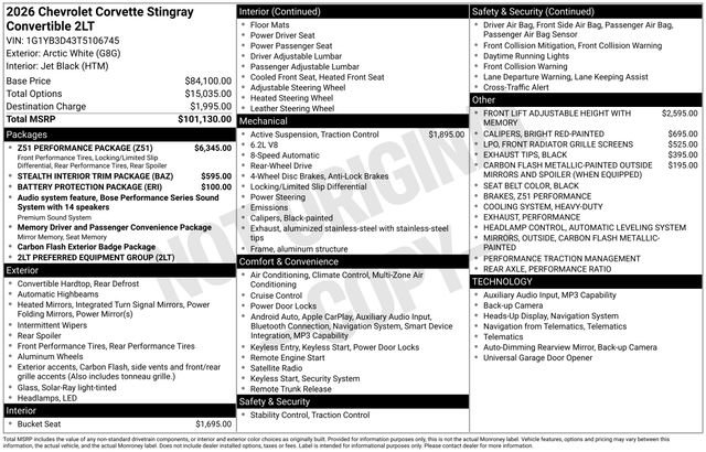 New 2026 Chevrolet Corvette Stingray w/ Z51 Performance Package image 2